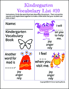 Kindergarten Vocabulary List #10